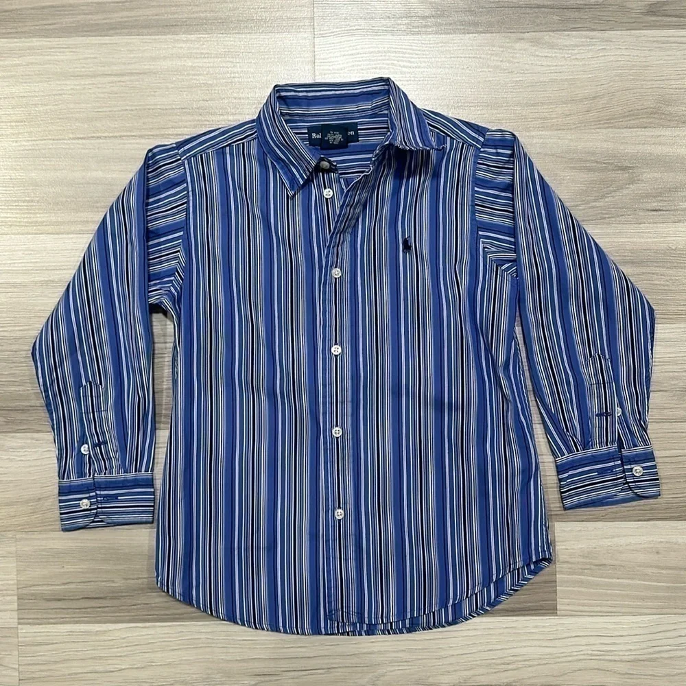 RALPH LAUREN Boys Casual Blue Striped Long Sleeve Button Down Shirt Sz 6 NC0011
